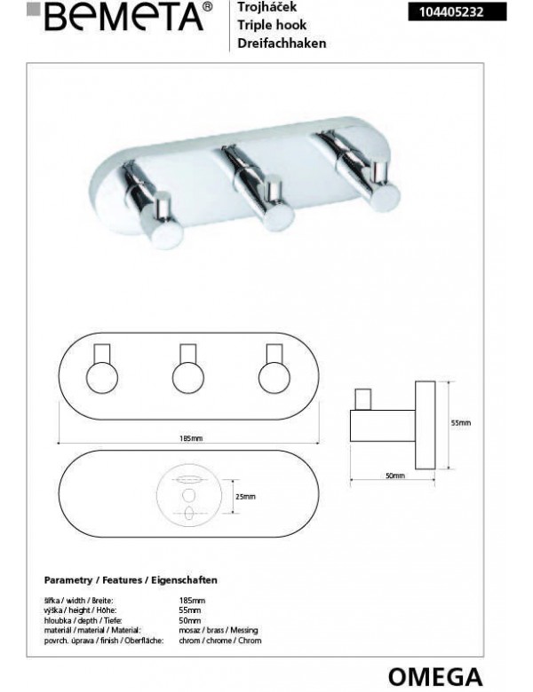 Patère triple OMEGA laiton chromé 18,5x5,5x5 cm