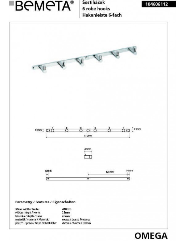 Patère à 6 crochets OMEGA laiton chromé 41x2,5x4 cm