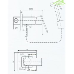 Mitigeur bidet, toilettes encastrable LOIRA laiton chromé avec douchette
