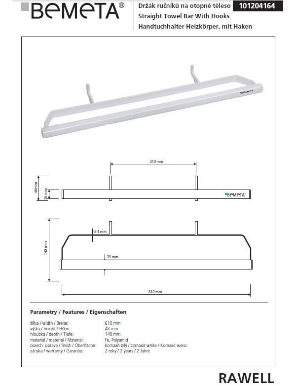 Porte-serviettes radiateur blanc RAWELL 61x4,8x14cm